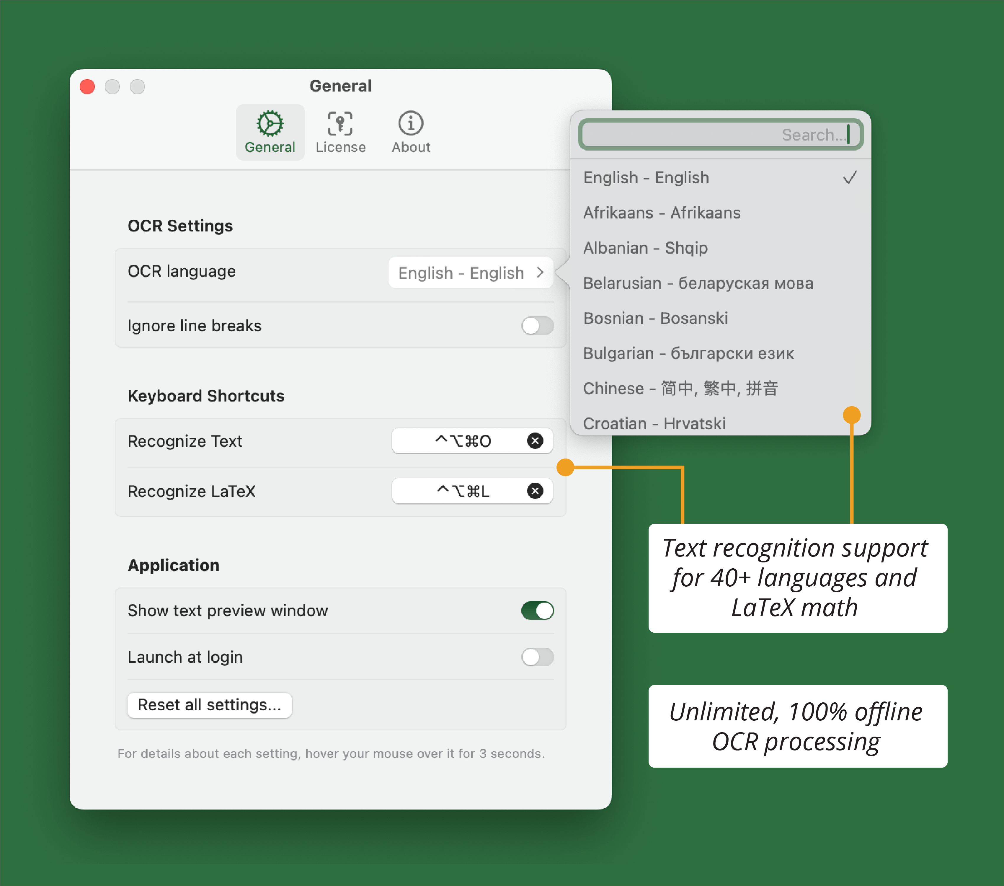 FrameOCR general settings UI.